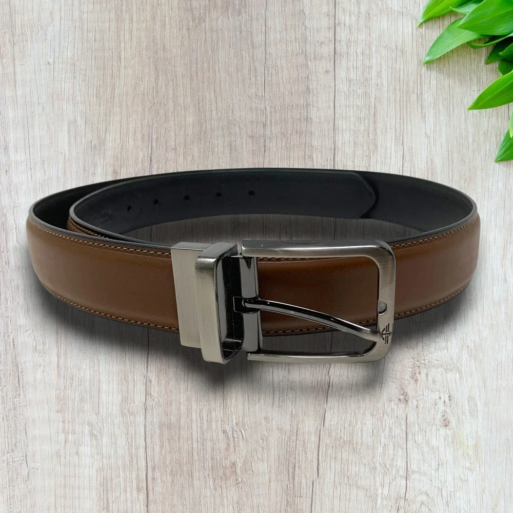 Dockers Brown and Black Reversible Dress Belt Men's Sz 38 Vegan Leather Nickel